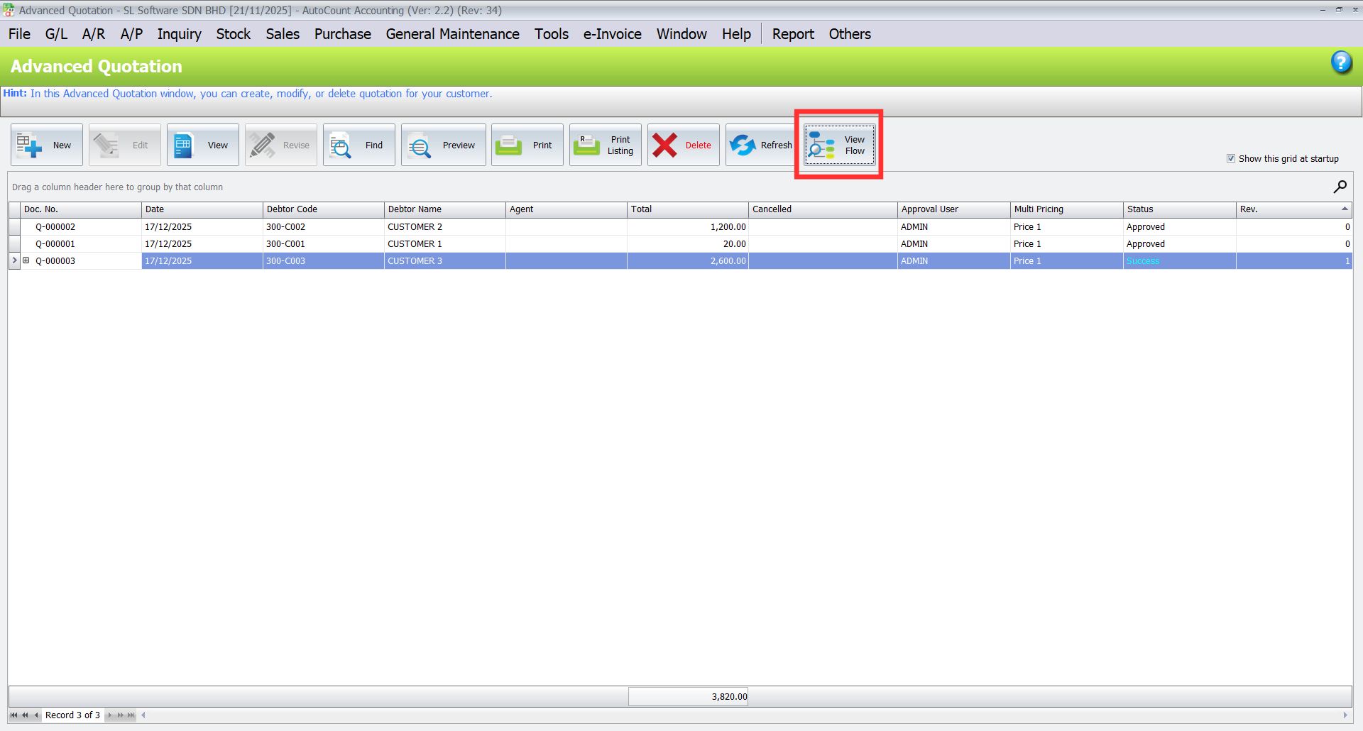 AutoCount Advanced Quotation Module: View Flow