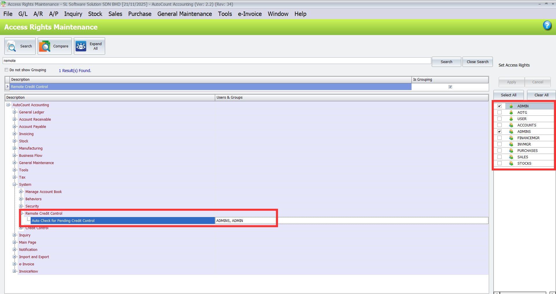 AutoCount Remote Credit Control Module: Access right