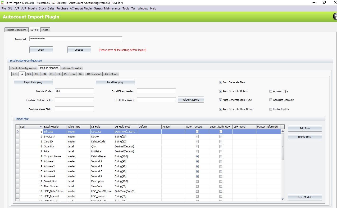 AutoCount Import Plugin: Module mapping