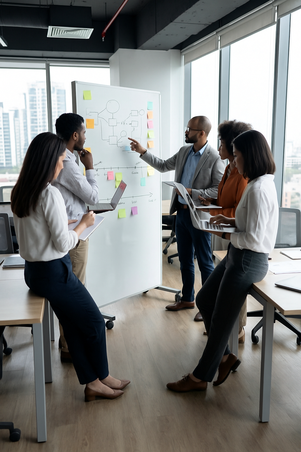 A diverse team collaborates at a whiteboard in a modern office.