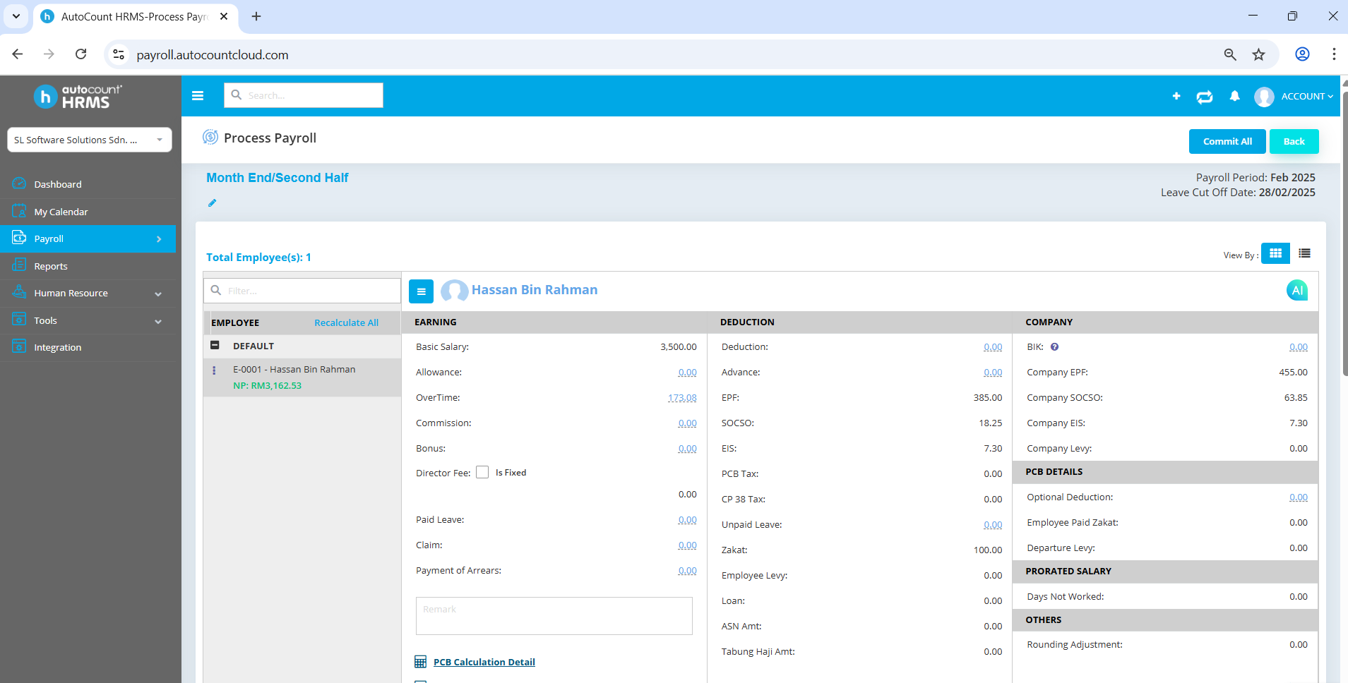 Screenshot of payroll processing in AutoCount HRMS, showing employee salary, deductions, and company contributions.