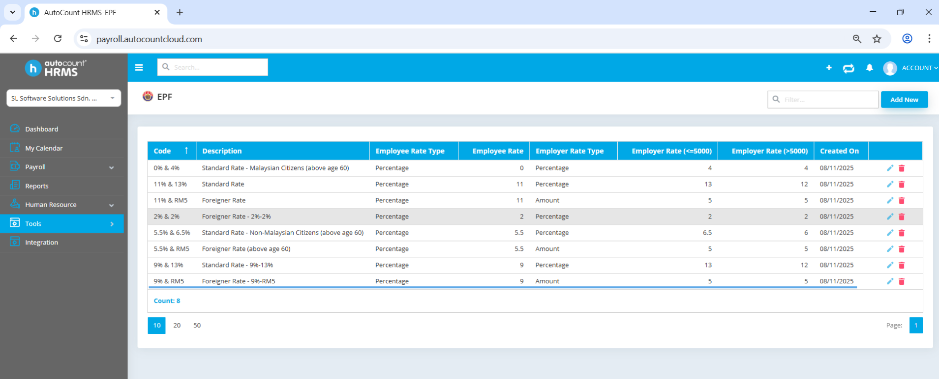 Screenshot of EPF rates in AutoCount HRMS, showing various employee and employer rates for Malaysian and foreign citizens.