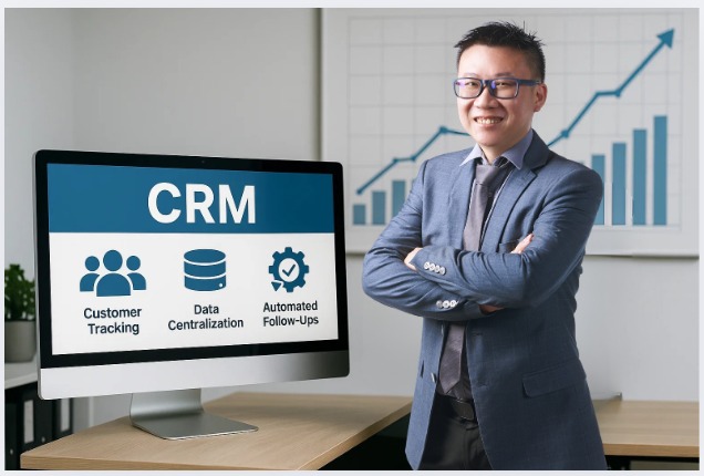 Business professional with CRM dashboard