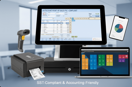 AutoCount POS system with barcode scanner, receipt printer, laptop, and mobile device, SST-compliant and accounting-friendly.
