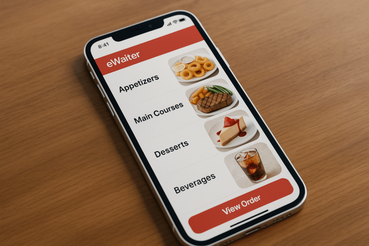 A screenshot of the eWaiter app on a phone showing various food categories including Appetizers, Main Courses, Desserts, and Beverages.