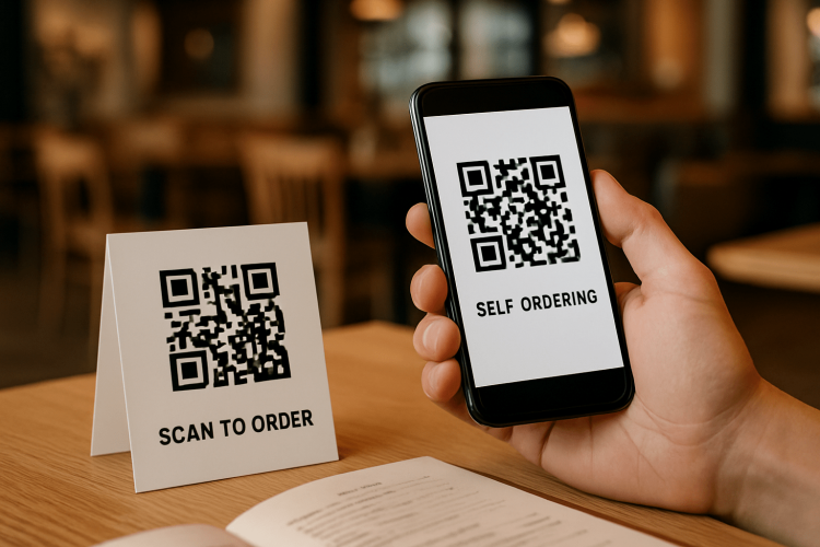 A QR code stand labeled 'Scan to Order' on a table next to a phone displaying a QR code for self-ordering.