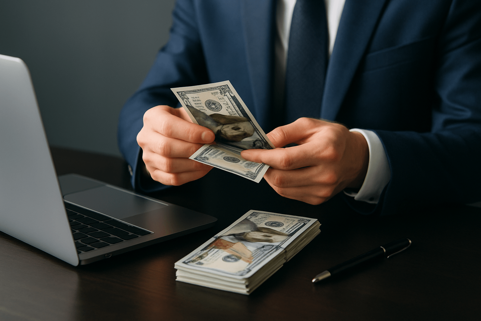 A person in a suit counting money, with stacks of cash on the table beside a laptop and pen.