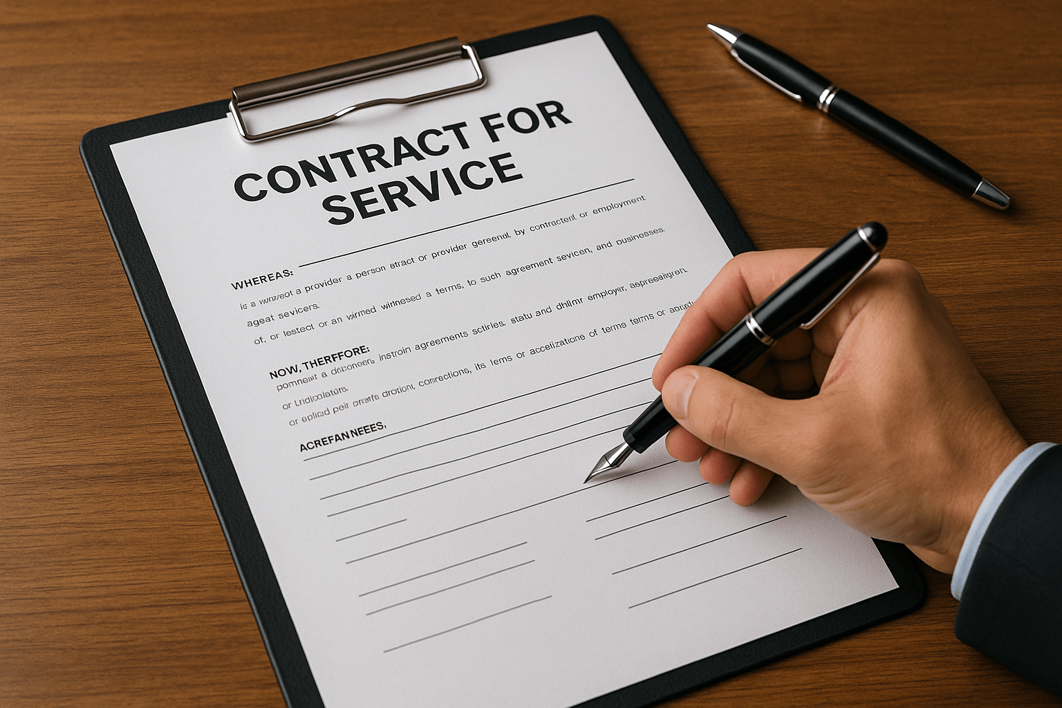 Businessperson holding a pen and preparing to sign a contract for service on a clipboard.