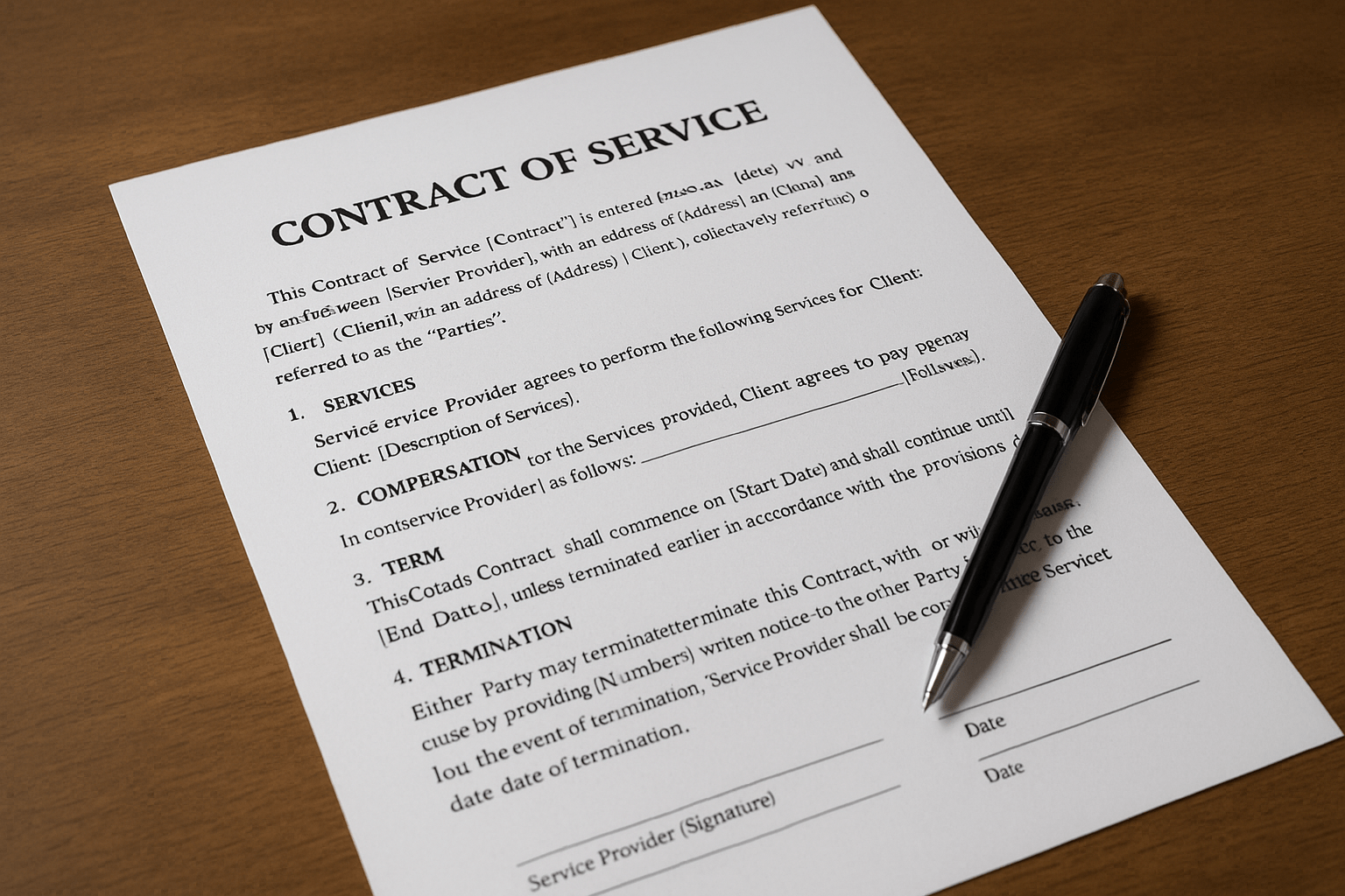 Contract of service document on a wooden desk with a black pen placed beside it.