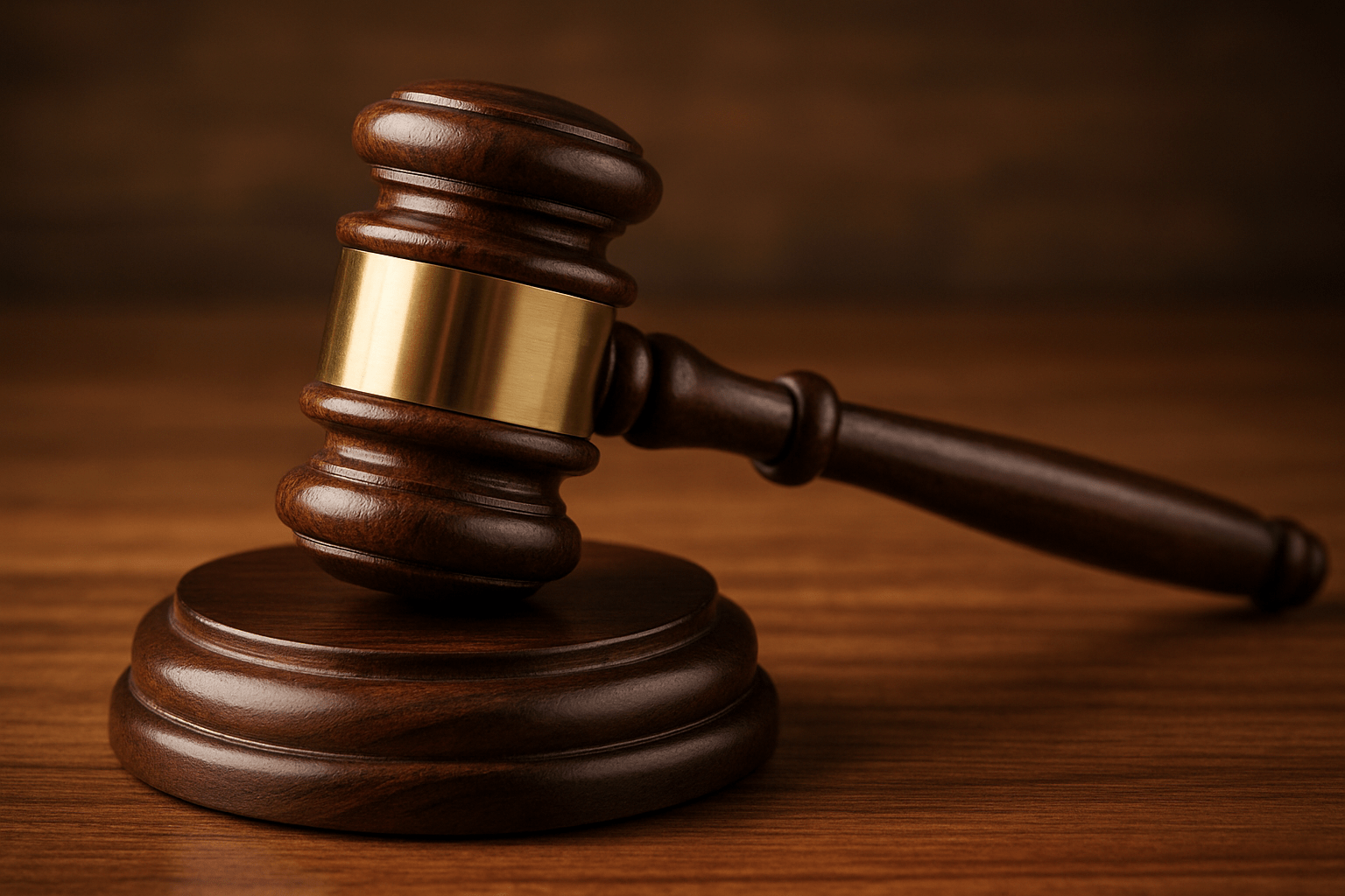 Close-up of a wooden judge’s gavel resting on a sound block on a wooden desk.