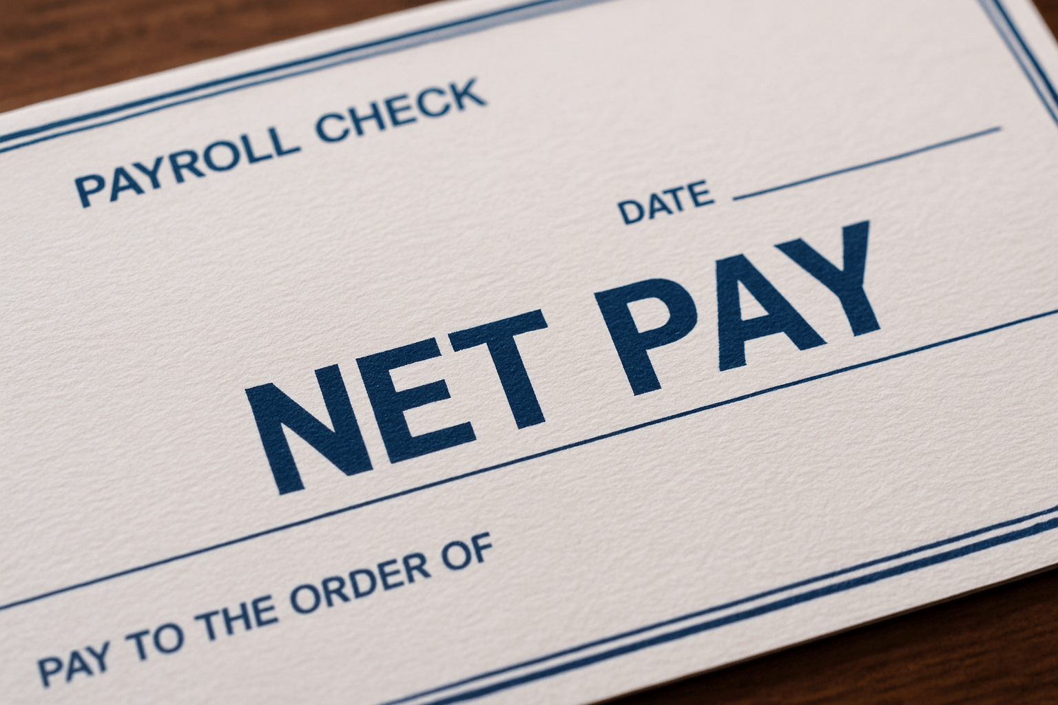 Close-up of a payroll check with "NET PAY" prominently displayed, indicating the net earnings to be paid to an employee.