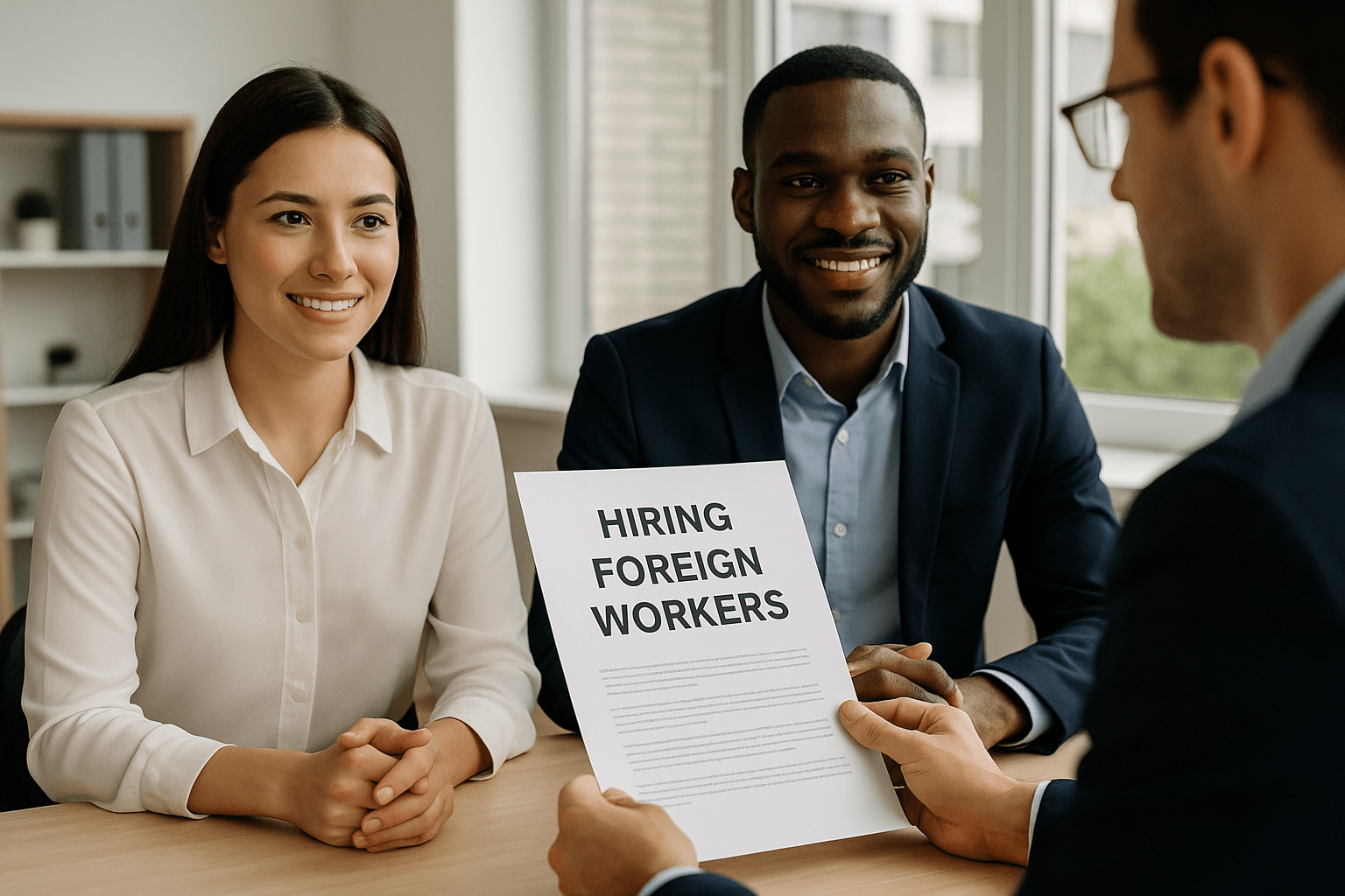 Two people smiling and sitting at an interview table, holding a document labeled "HIRING FOREIGN WORKERS" during a job interview.