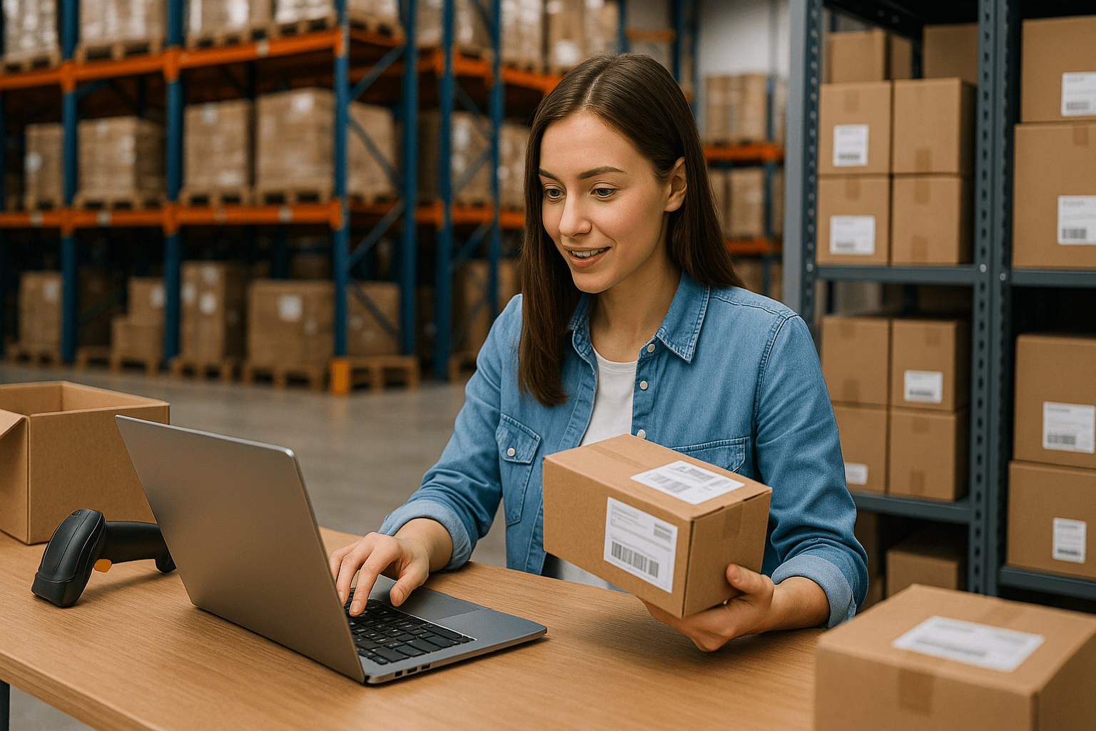 A warehouse employee working on e-commerce orders with a laptop, package, and barcode scanner in front of stacked boxes.