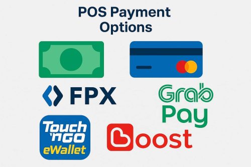 Various POS payment options including cash, FPX, GrabPay, Touch 'n Go eWallet, and Boost.