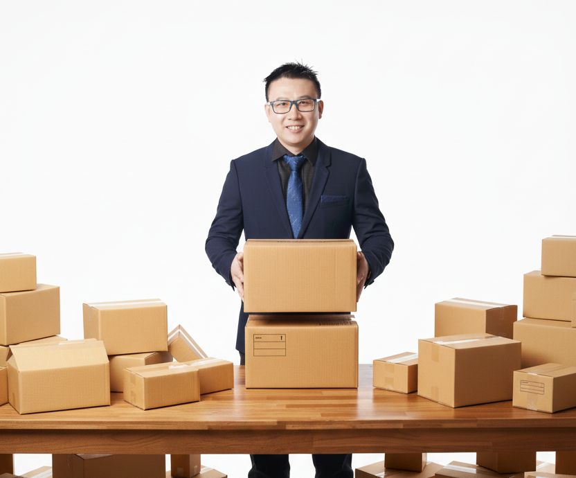 A man in a suit standing behind a table filled with cardboard boxes, holding one box and smiling.