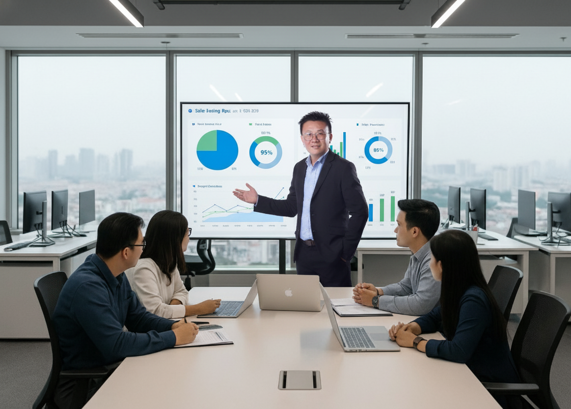 Five people in a modern office view a large screen displaying data charts, with a city skyline in the background.