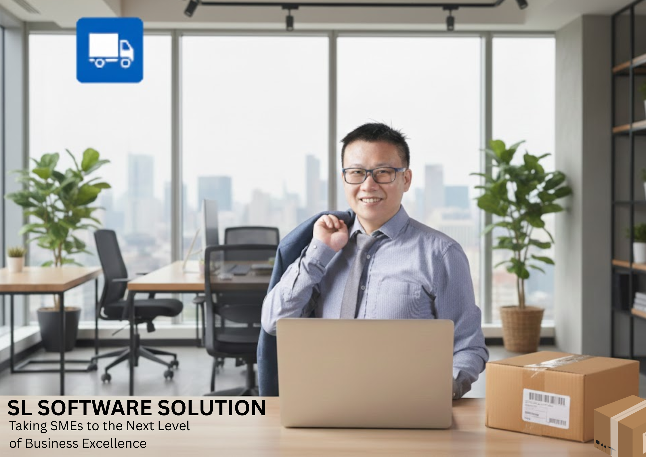 Business professional in an office with a laptop and delivery boxes, symbolizing a delivery order process.