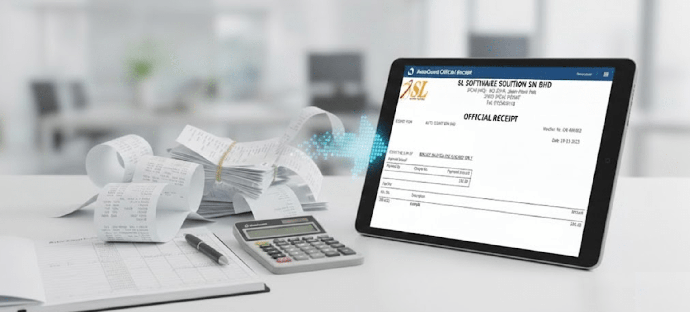 Tablet displaying an AutoCount receipt with paper receipts and a calculator in the background.