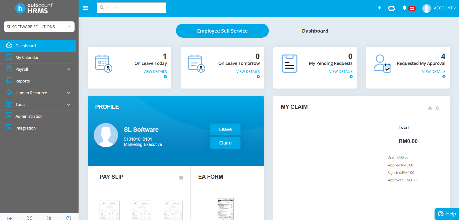 HRMS dashboard showing employee profile with leave, claim, and payroll details for employees in an organization.