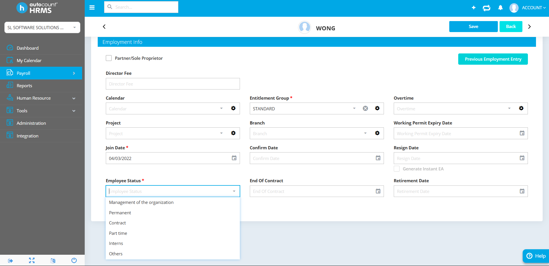 Autocount HRMS employee profile screen showing employment information fields such as join date, entitlement group, employee status, and contract details.