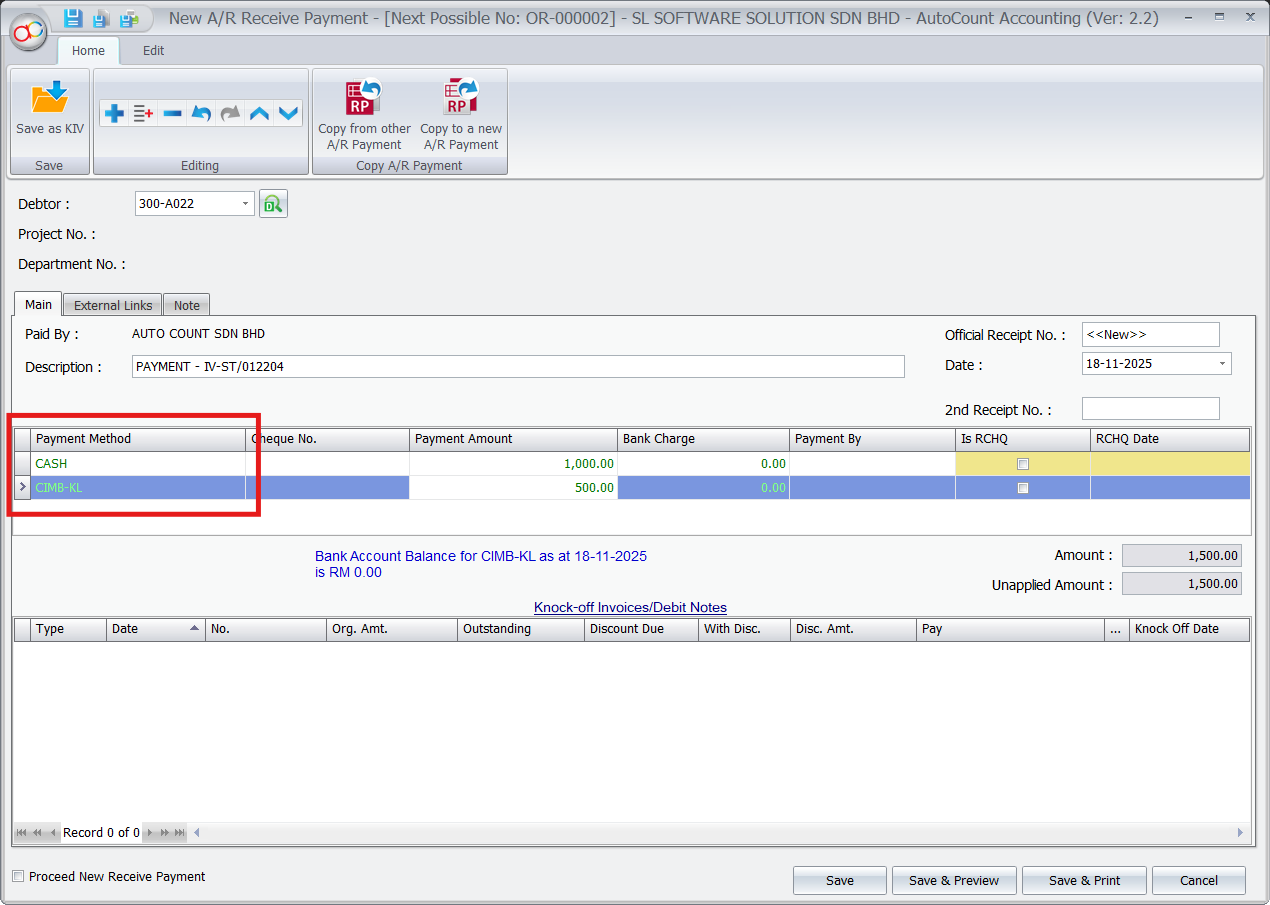 AutoCount A/R Payment screen with payment methods and amounts.