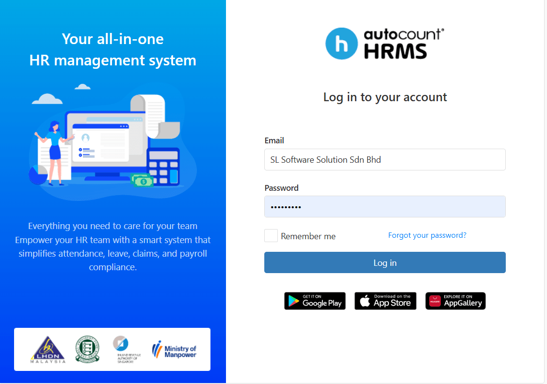 Login screen of AutoCount HRMS with a background image showing HR management features like attendance, leave, and claims.