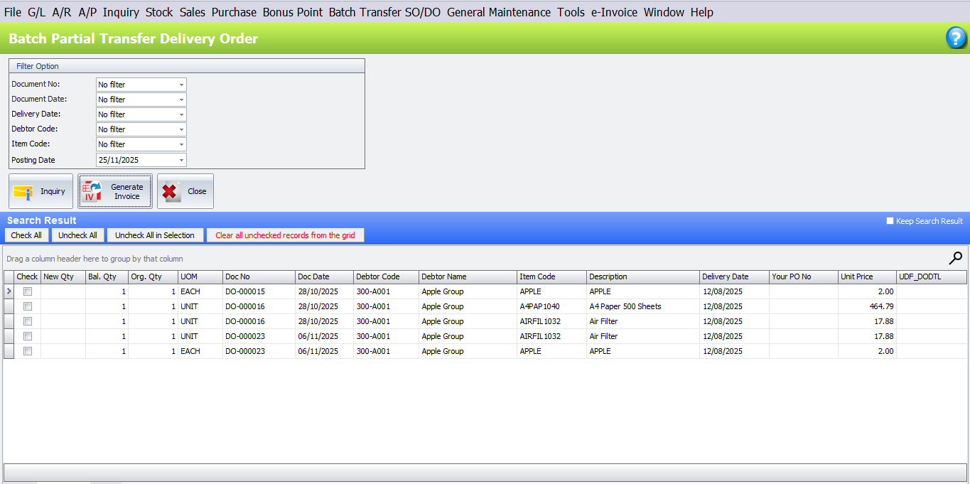 Batch Partial Transfer Delivery Order in AutoCount Accounting with delivery details.