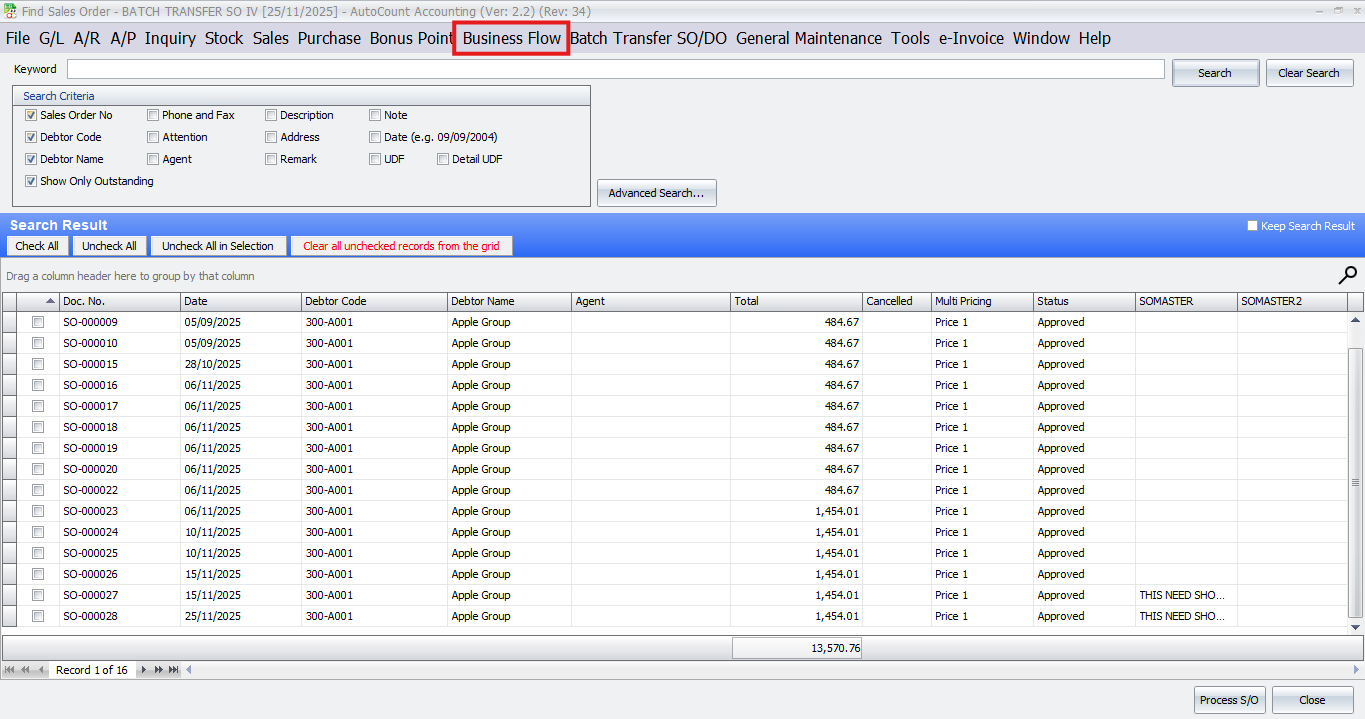 Sales Order screen with Business Flow option in AutoCount Accounting.