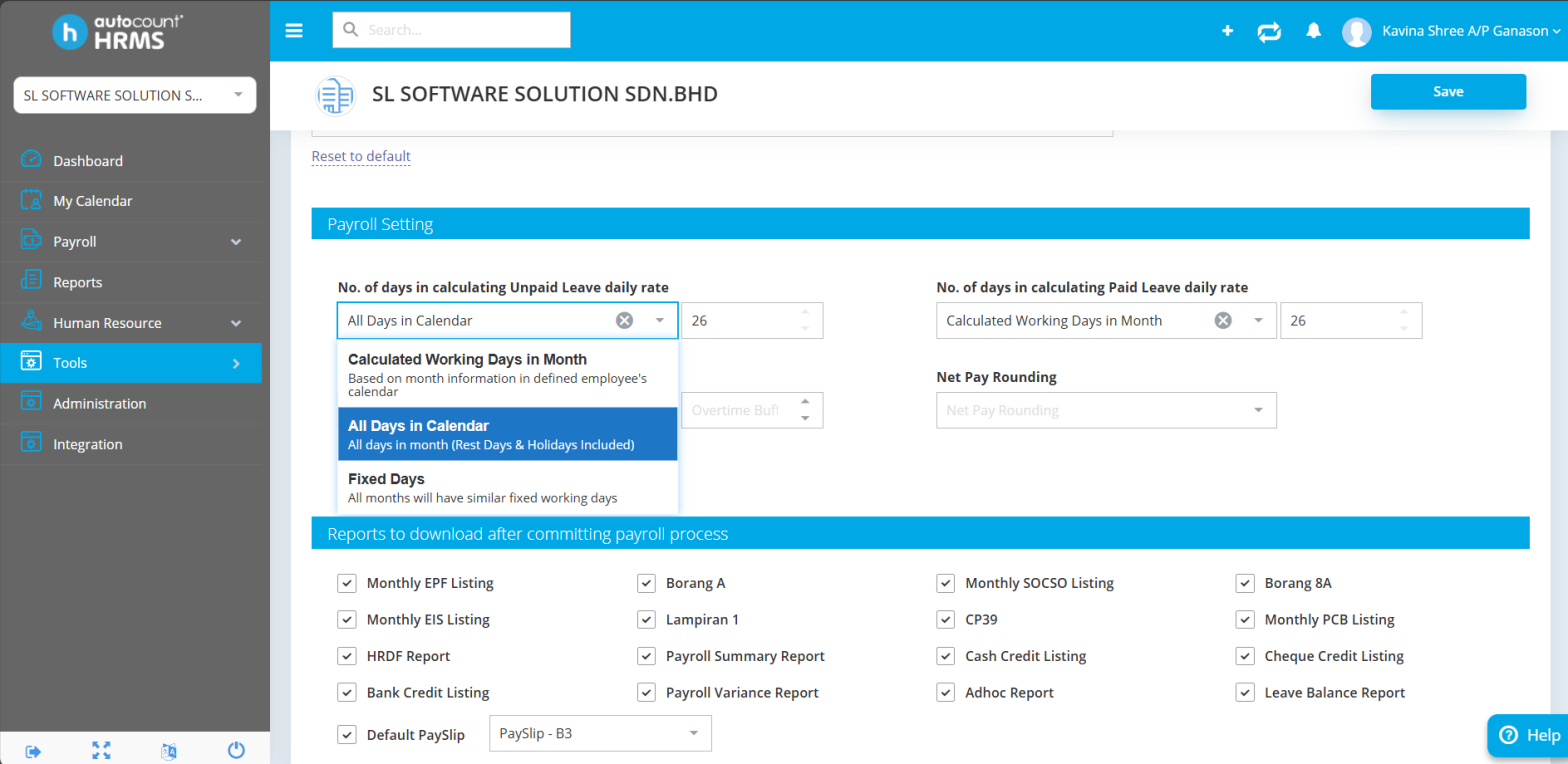 Autocount HRMS payroll setting page showing unpaid leave and paid leave daily rate calculation options.