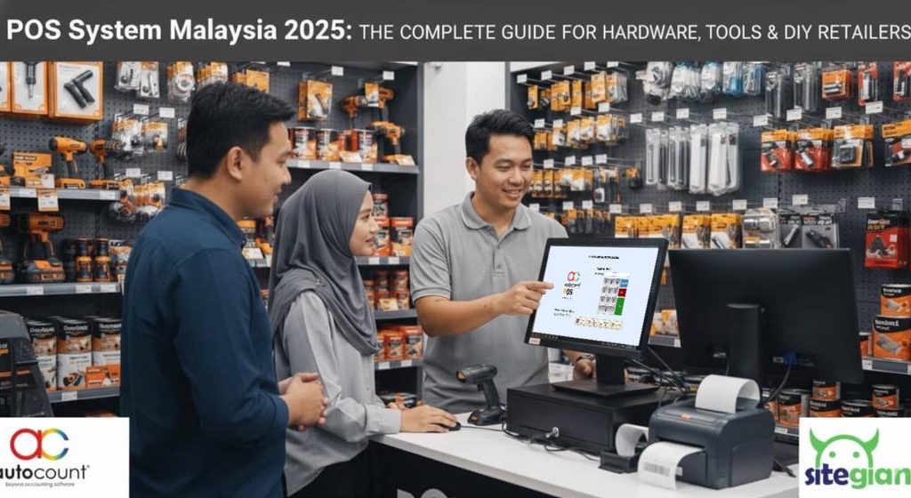 Retailers using AutoCount POS in a hardware store.