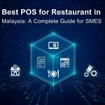 Digital graphic showing a neon blue hexagonal cube representing an all-in-one Point-of-Sale (POS) system with icons for restaurant management, inventory, reports, and scheduling.