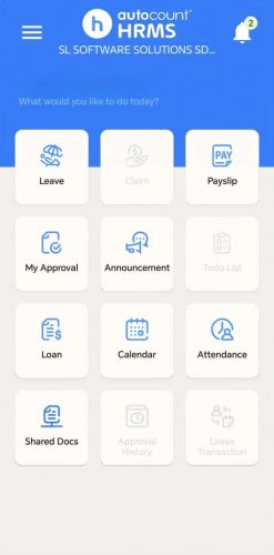 AutoCount HRMS mobile dashboard displaying various options such as leave, claim, payslip, calendar, attendance, and more.