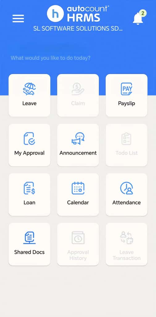 AutoCount HRMS mobile dashboard displaying various options such as leave, claim, payslip, calendar, attendance, and more.