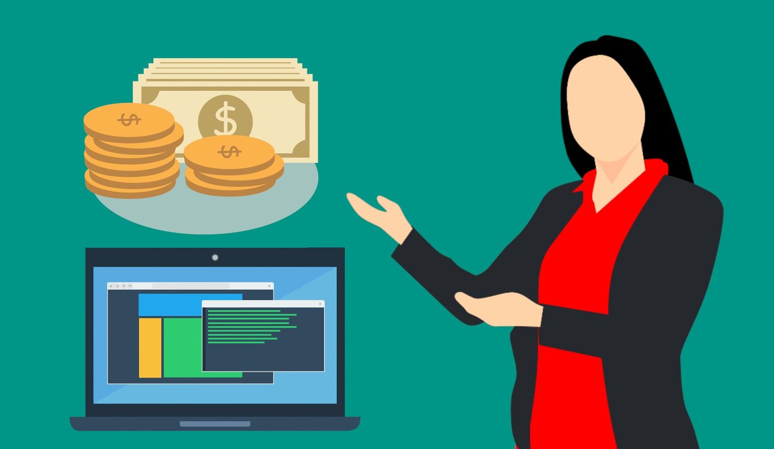Businesswoman presenting laptop with money icons