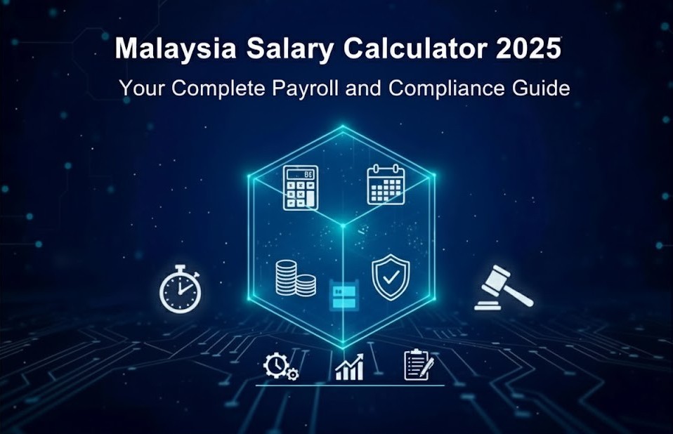Malaysia Salary Calculator 2025 – A comprehensive guide for payroll and compliance with icons representing time, finance, calendar, legal, and analytics.
