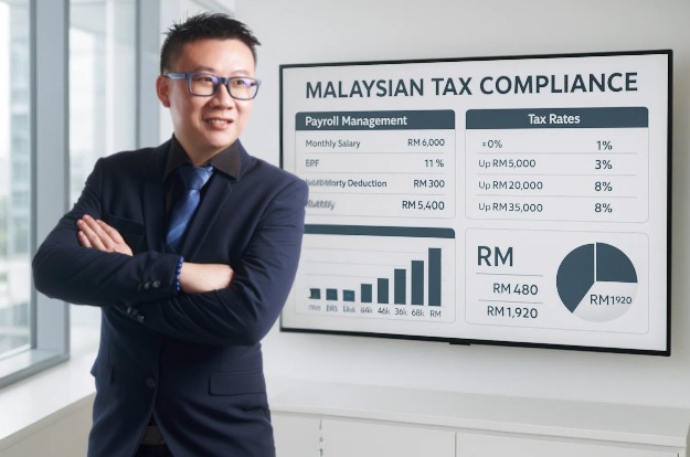 Professional with Malaysian tax chart and payroll details.