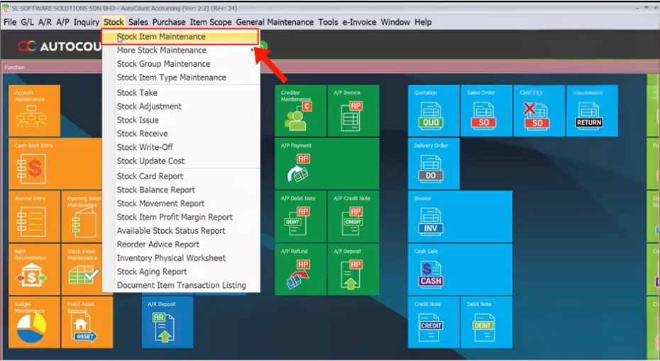 Stock Item Maintenance menu in AutoCount