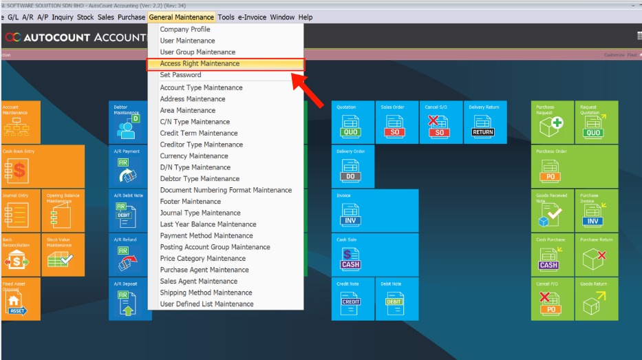 Access Right Maintenance menu in AutoCount