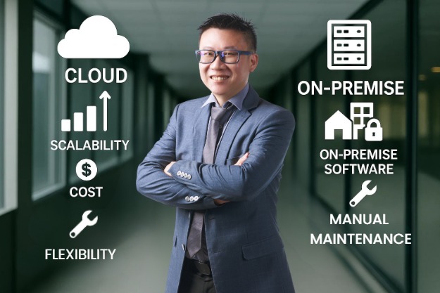 Businessman comparing Cloud vs On-Premise solutions.