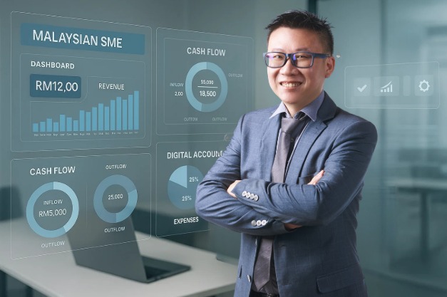 Malaysian SME owner using digital accounting dashboards.