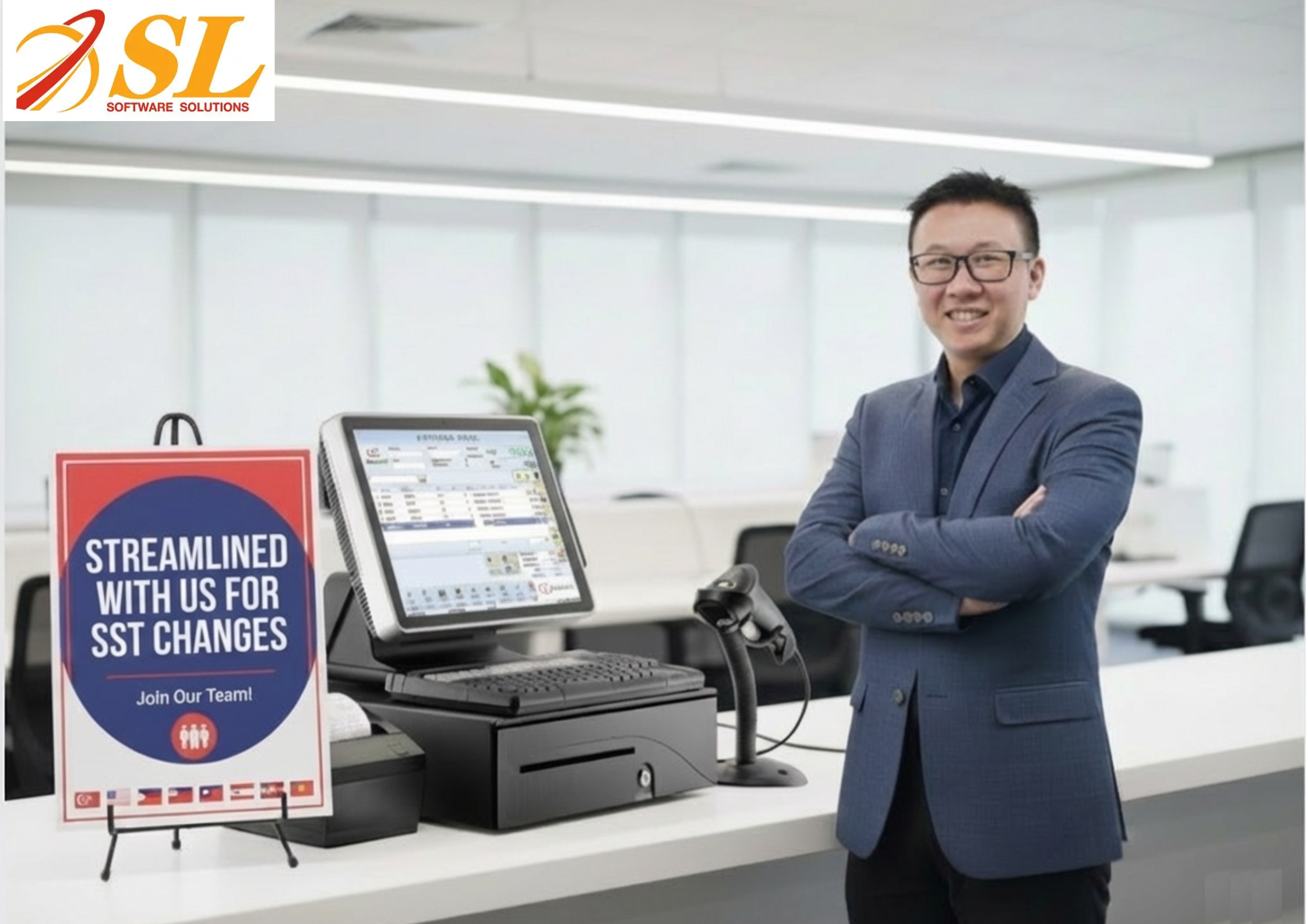 A man standing next to a point-of-sale system with a sign promoting streamlined solutions for SST changes.