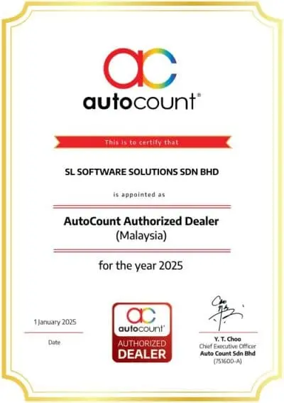 Certificate of AutoCount Authorized Dealer for SL Software Solutions Sdn Bhd, valid for 2025.