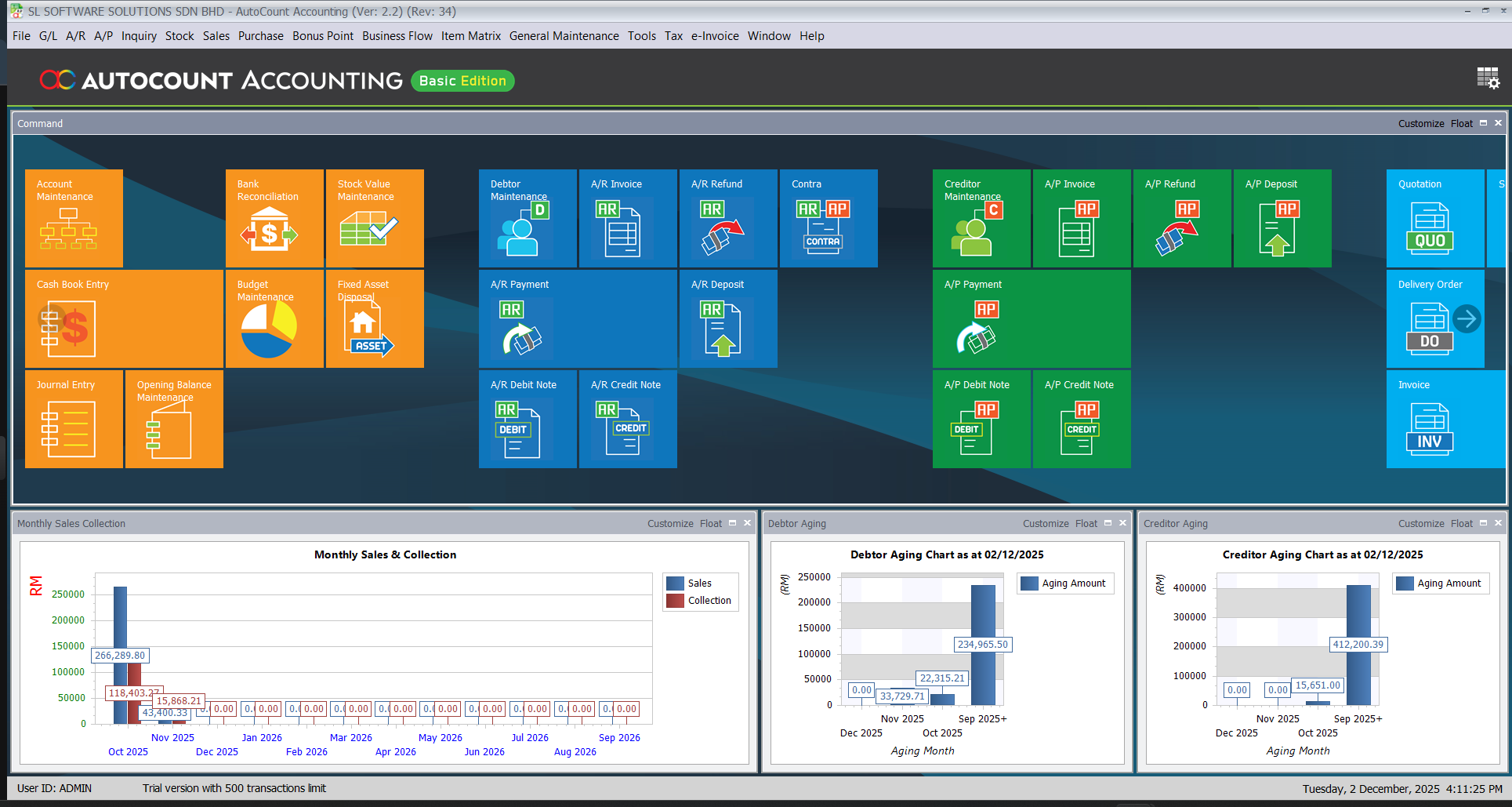 AutoCount Accounting System dashboard interface.
