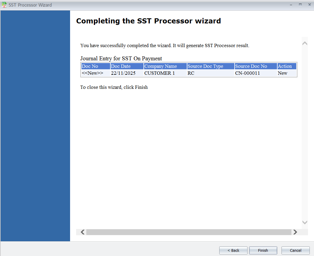 SST Processor Wizard completion screen with journal entry details.