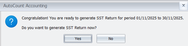 AutoCount prompt to generate SST Return for 01/11/2025 to 30/11/2025.