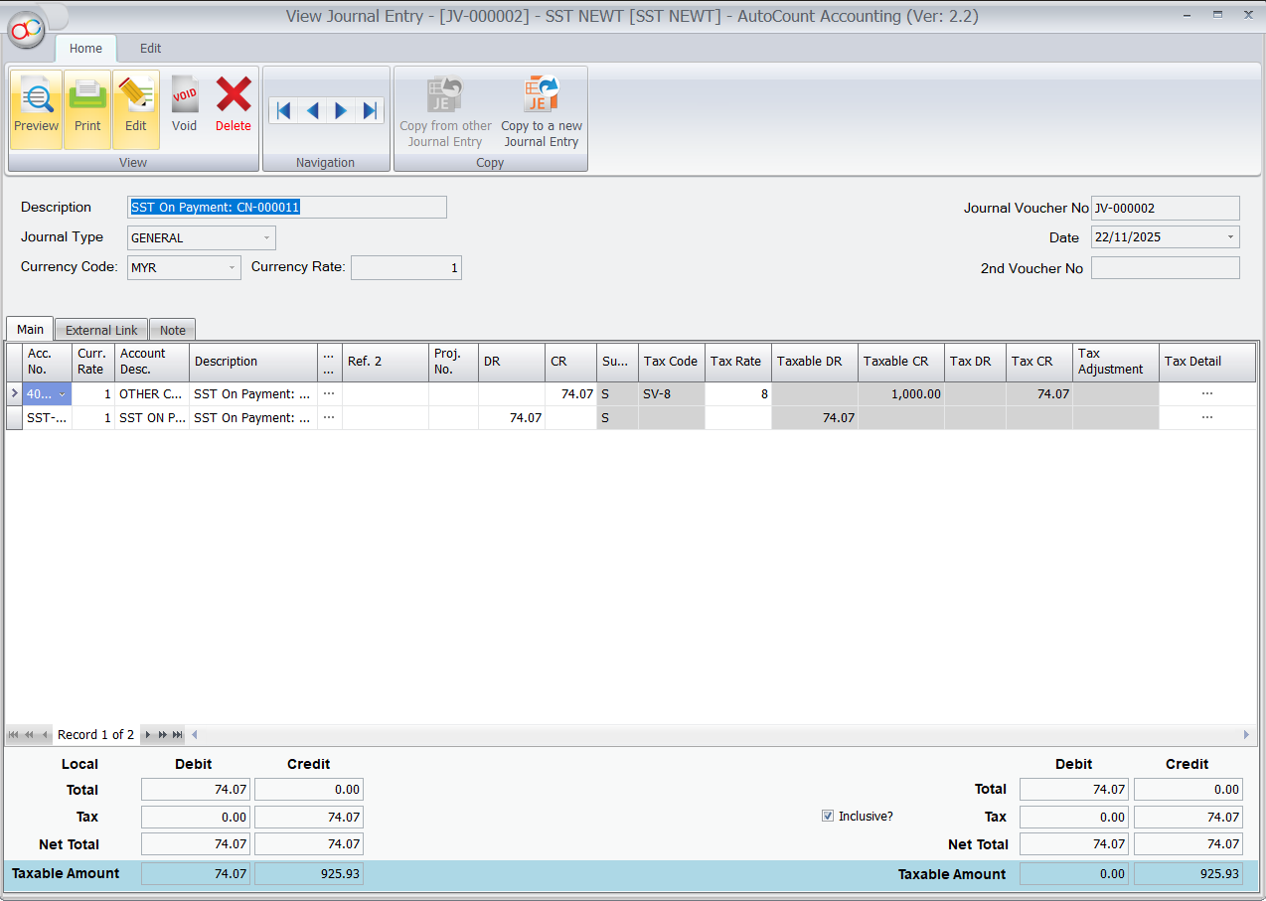 AutoCount Accounting Journal Entry for SST On Payment showing taxable amount and tax details.