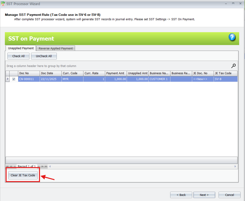 SST Processor Wizard with option to clear JE Tax Code.