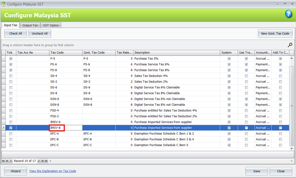 SST configuration screen with IMSV-8 tax code for imported services.