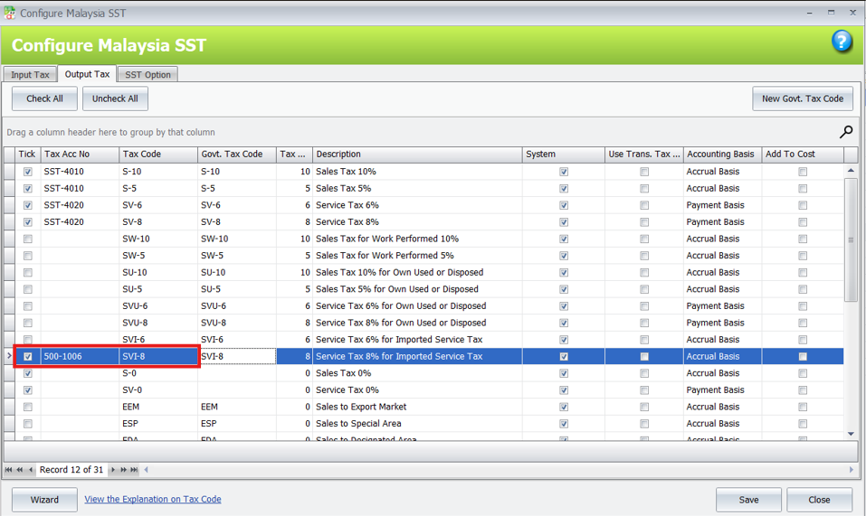 SST configuration screen showing SVT-8 tax code for imported services.