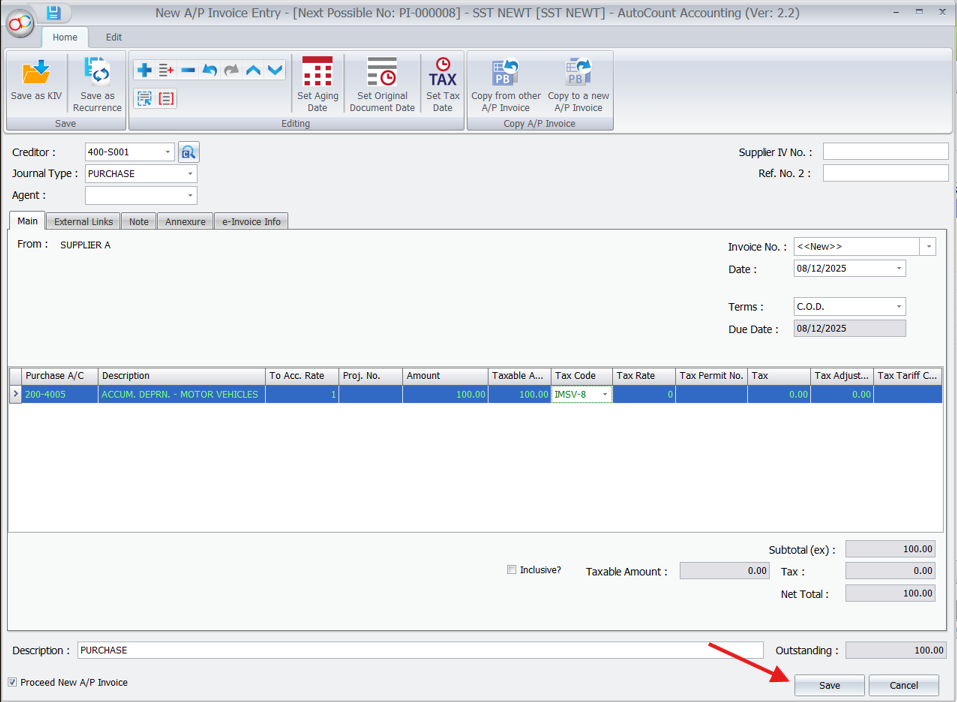 New A/P Invoice entry with IMSV-8 tax code in AutoCount Accounting